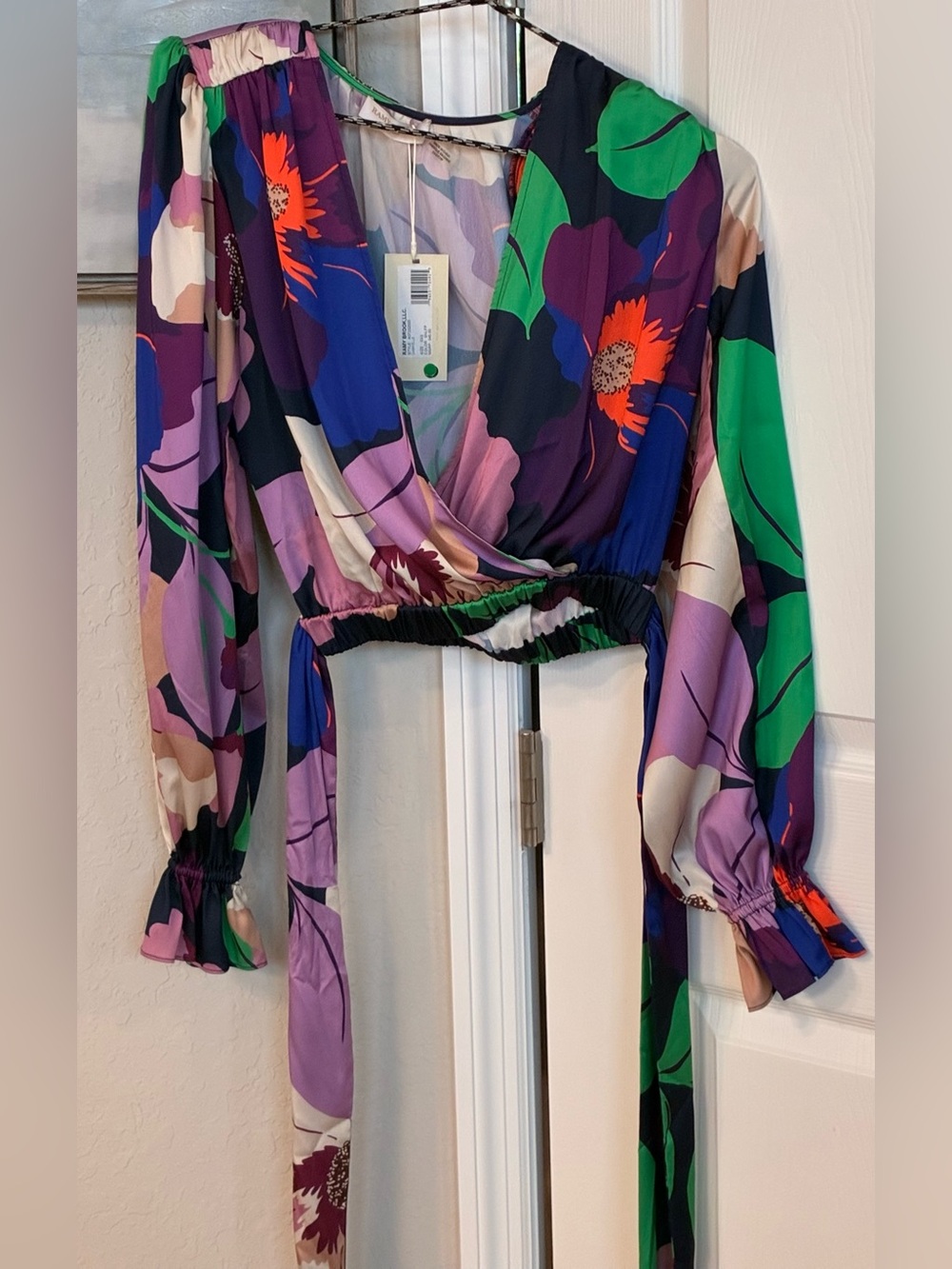 Ramy Brook Women’s Vibrant Silky Floral L/S Wrap Crop Top-Deep V-neck-Sz XXS-NWT